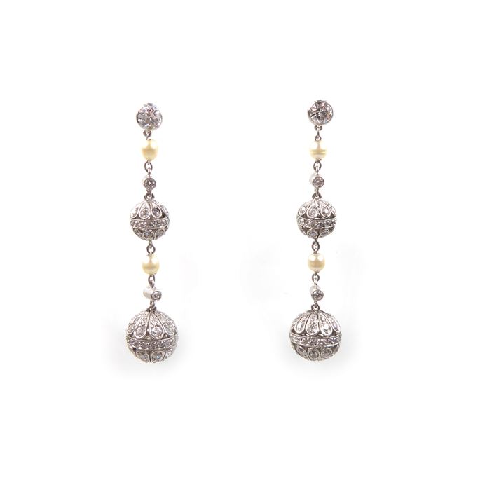 Pair of pearl and diamond ball pendant earrings | MasterArt